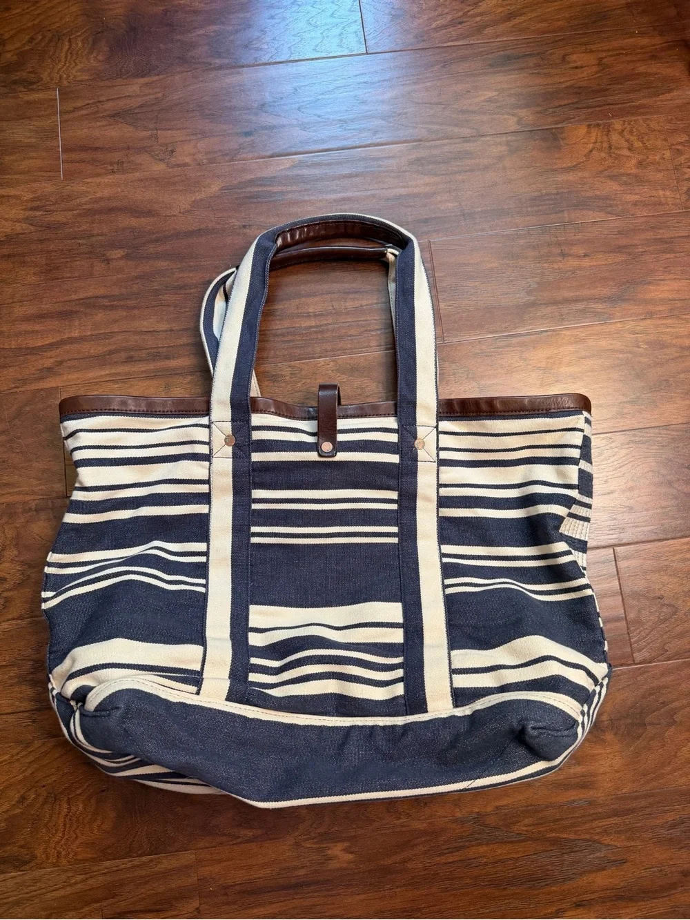 Polo Ralph Lauren Indigo Striped Cotton Canvas Leather Tote Bag Stripe Nautical